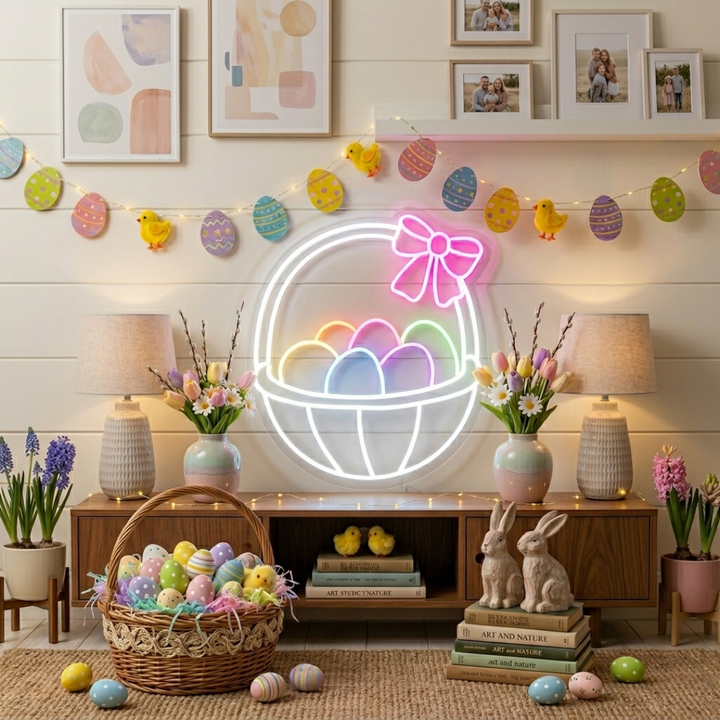 Easter Basket Egg LED Neon Sign colorful Easter eggs in basket neon light by Neon.shop
