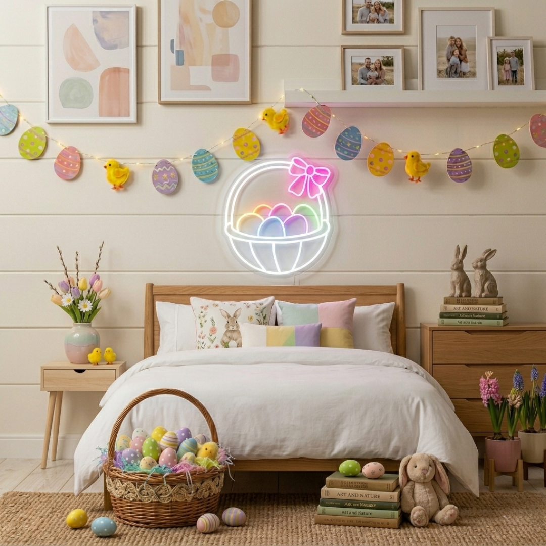 Easter Basket Egg LED Neon Sign colorful Easter eggs in basket neon light by Neon.shop