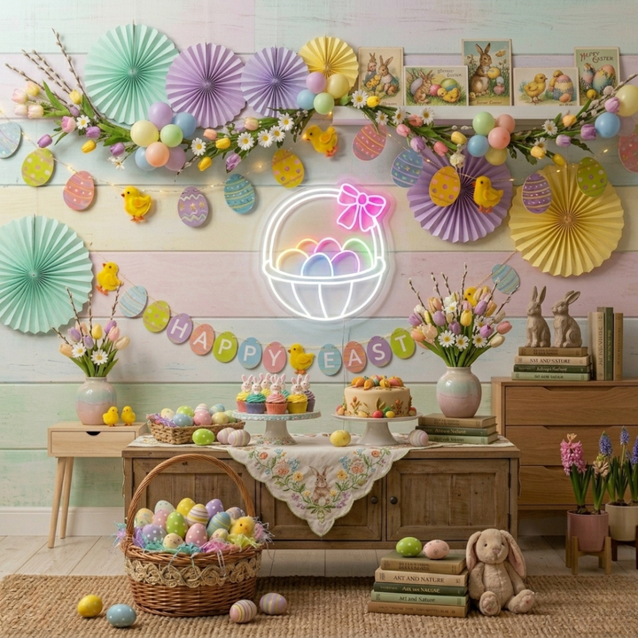 Easter Basket Egg LED Neon Sign colorful Easter eggs in basket neon light by Neon.shop