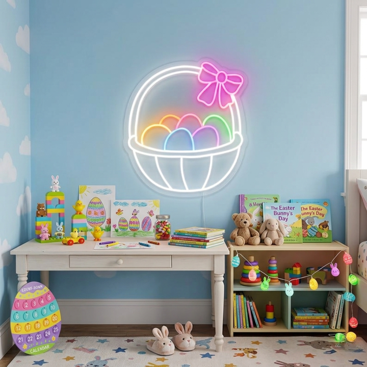 Easter Basket Egg LED Neon Sign colorful Easter eggs in basket neon light by Neon.shop