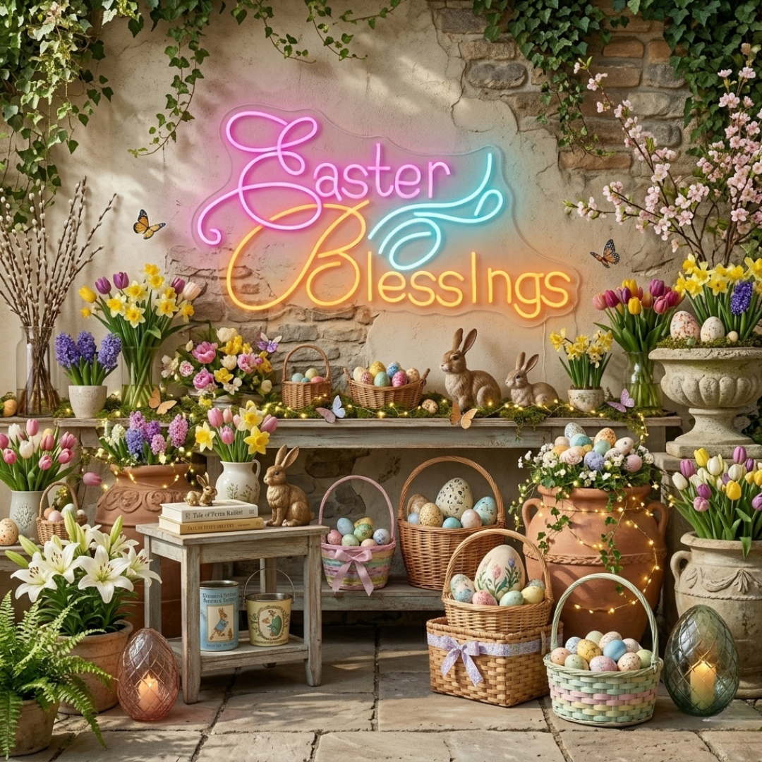 Easter Blessings LED Neon Sign glowing Easter message decoration by Neon.shop