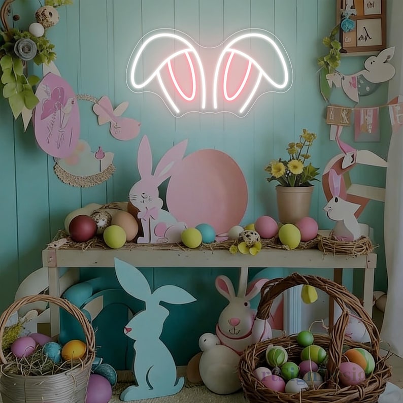 Easter Bunny Ears Neon Sign glowing LED wall decor by Neon.Shop