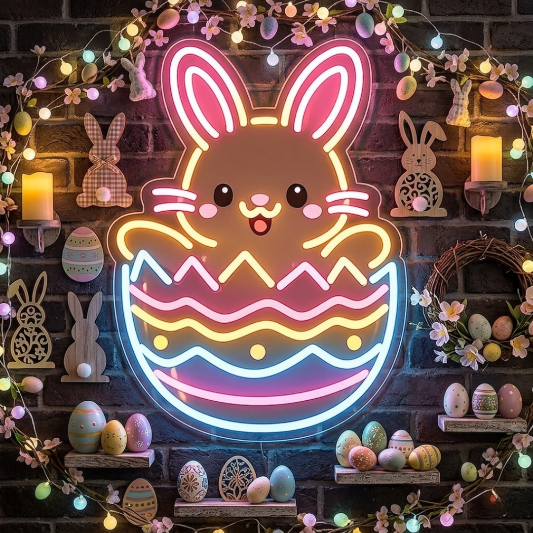 Easter Bunny LED neon sign glowing on wall for holiday decor by Neon.Shop