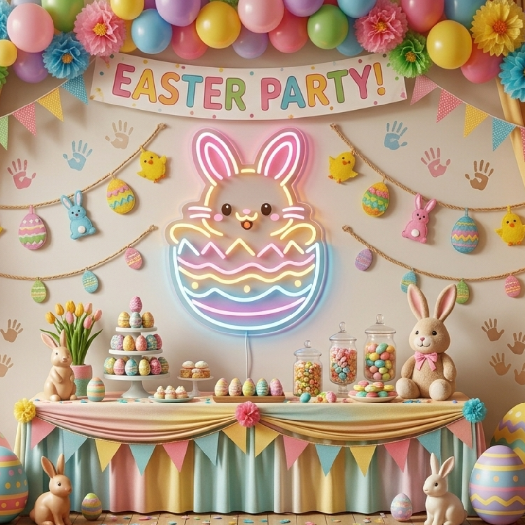 Easter Bunny LED neon sign glowing on wall for holiday decor by Neon.Shop