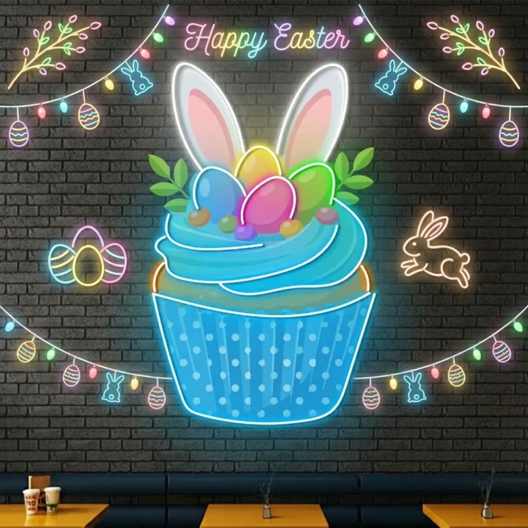 Easter Cake LED neon sign by Neon.Shop, featuring a colorful glowing cake design with festive Easter decorations