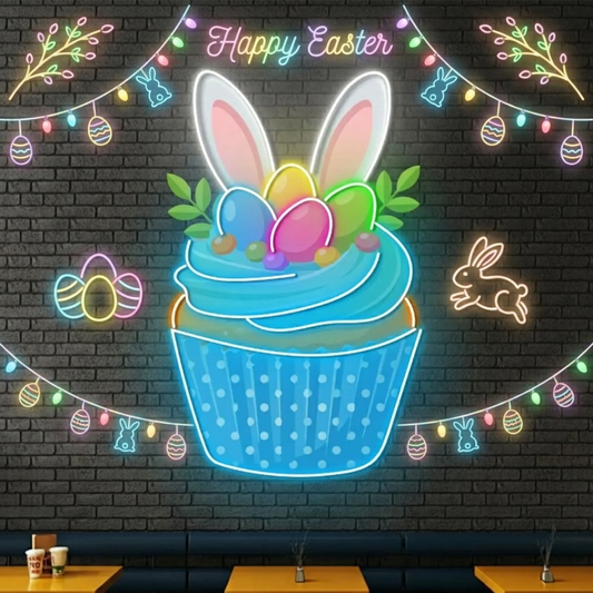 Easter Cake LED neon sign by Neon.Shop, featuring a colorful glowing cake design with festive Easter decorations