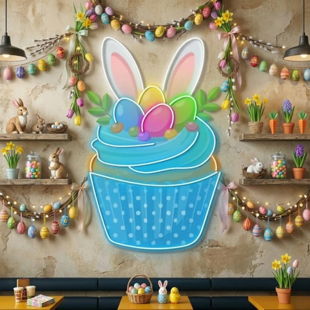 Easter Cake LED neon sign by Neon.Shop, featuring a colorful glowing cake design with festive Easter decorations