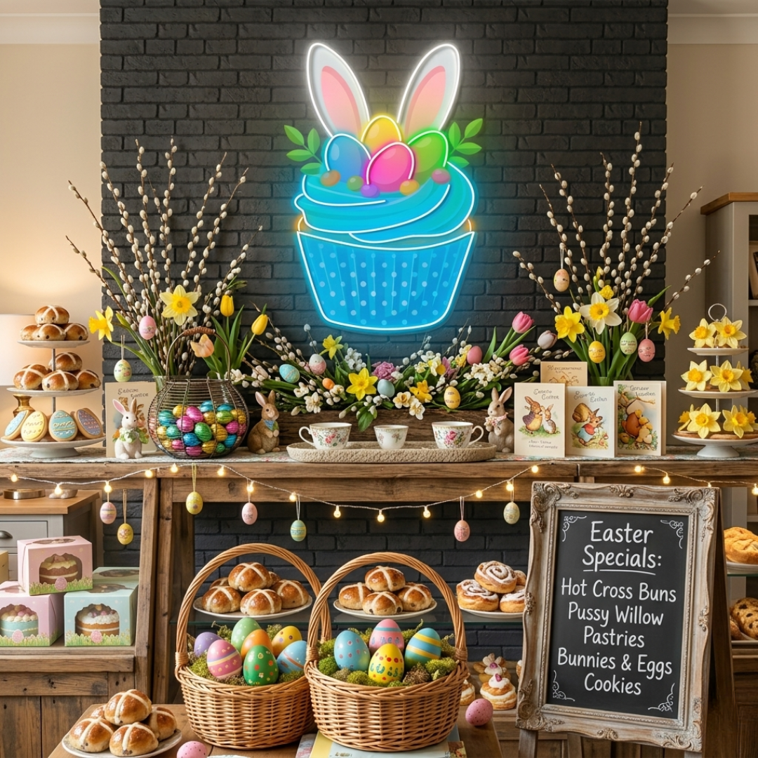 Easter Cake LED neon sign by Neon.Shop, featuring a colorful glowing cake design with festive Easter decorations