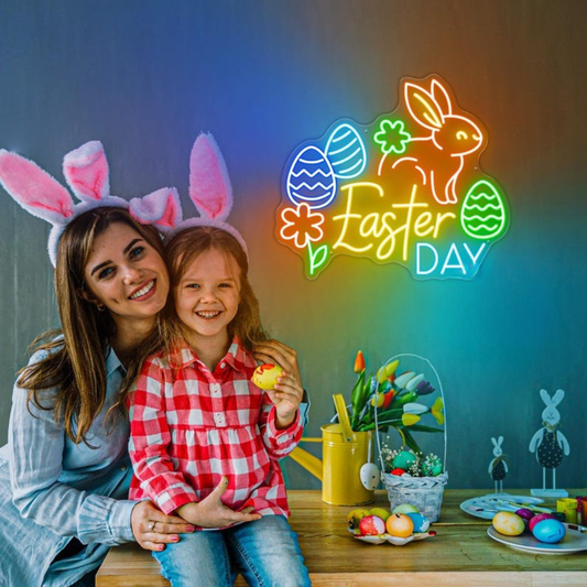 Easter Day LED neon sign glowing on wall with bright festive lettering for home decor, Easter parties, and shop displays by Neon.Shop.