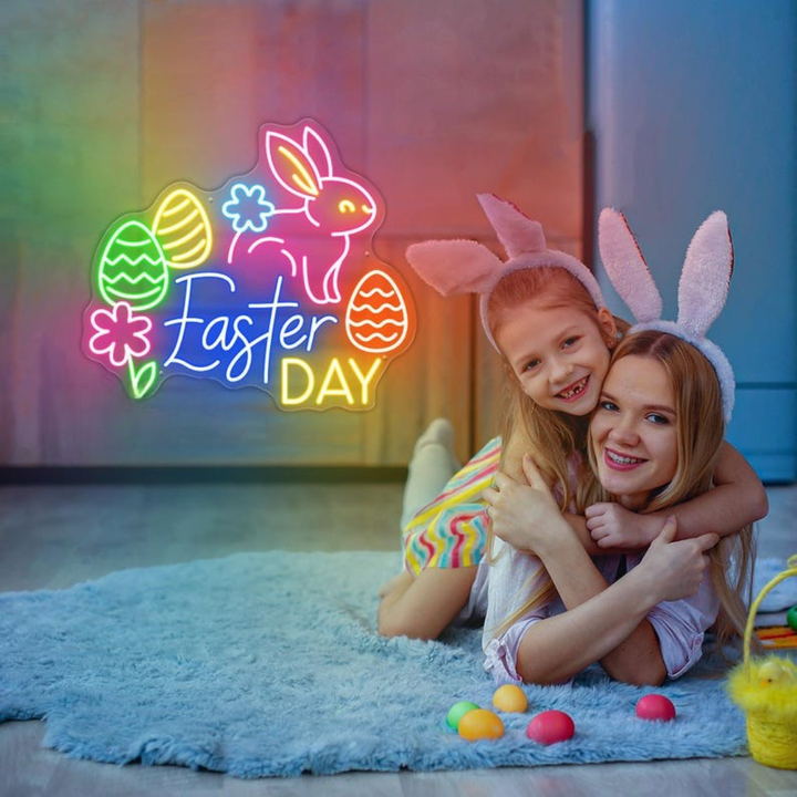 Easter Day LED neon sign glowing on wall with bright festive lettering for home decor, Easter parties, and shop displays by Neon.Shop.
