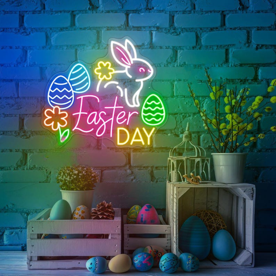 Easter Day LED neon sign glowing on wall with bright festive lettering for home decor, Easter parties, and shop displays by Neon.Shop.