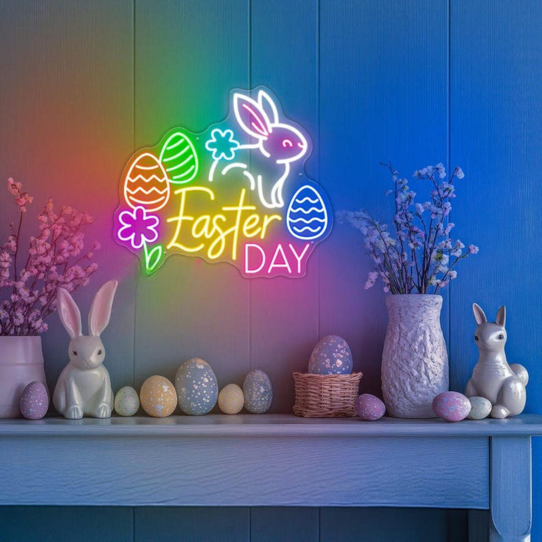 Easter Day LED neon sign glowing on wall with bright festive lettering for home decor, Easter parties, and shop displays by Neon.Shop.