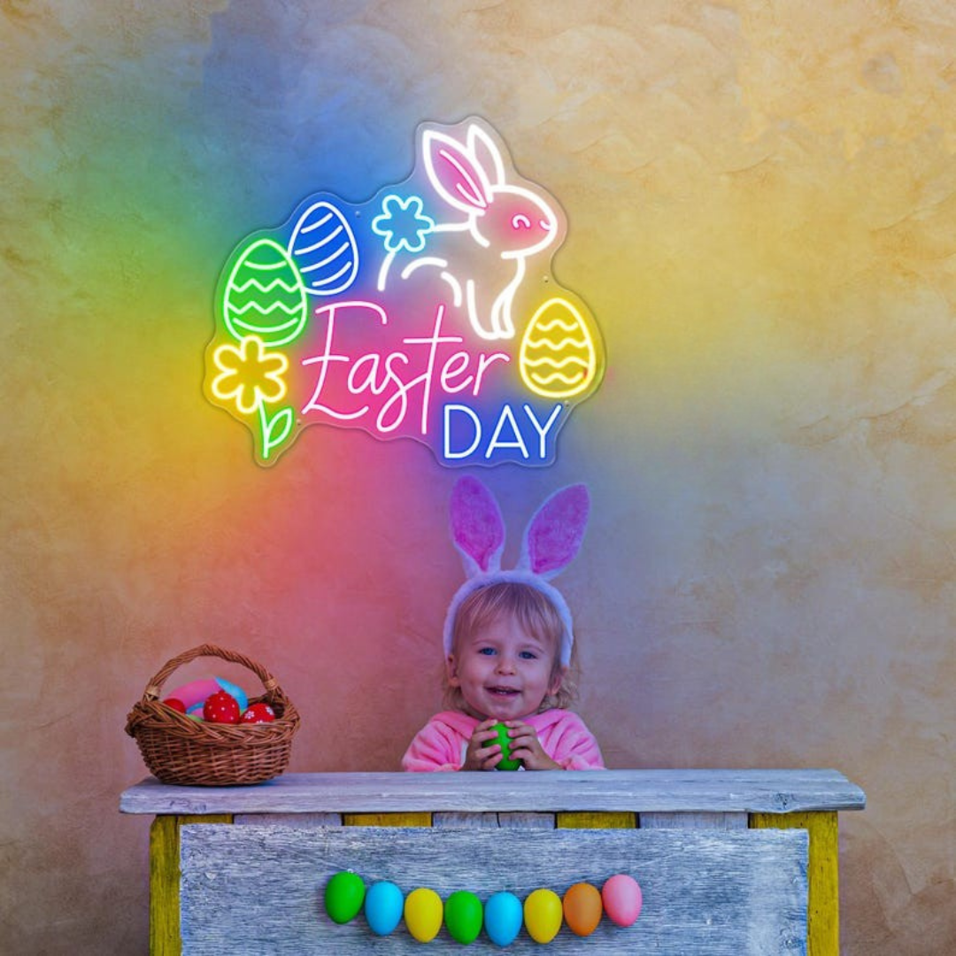 Easter Day LED neon sign glowing on wall with bright festive lettering for home decor, Easter parties, and shop displays by Neon.Shop.
