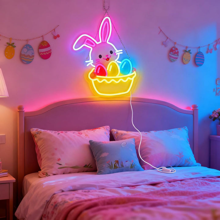 Easter Egg Basket LED neon sign glowing on wall with colorful basket filled with Easter eggs for home decor, party, or shop display by Neon.Shop.