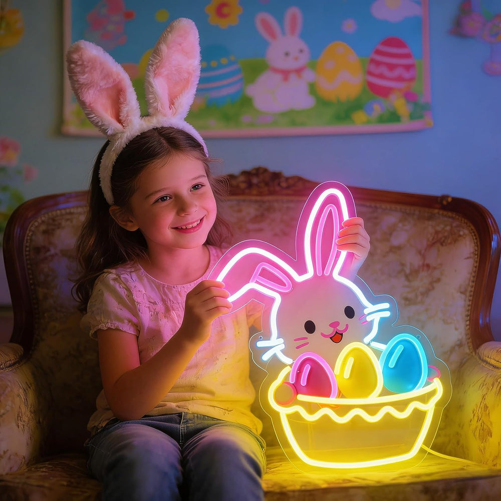 Easter Egg Basket LED neon sign glowing on wall with colorful basket filled with Easter eggs for home decor, party, or shop display by Neon.Shop.