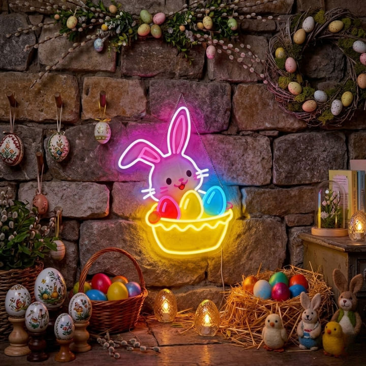 Easter Egg Basket LED neon sign glowing on wall with colorful basket filled with Easter eggs for home decor, party, or shop display by Neon.Shop.