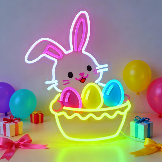 Easter Egg Basket neon sign glowing on wall for festive decor by Neon.Shop