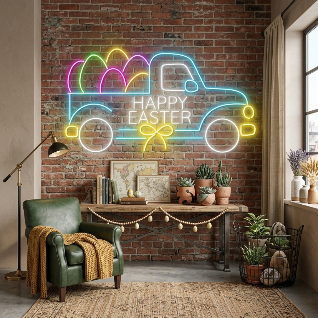 Easter Egg Truck LED neon sign glowing on wall featuring a vintage truck carrying colorful Easter eggs for festive home or shop decor by Neon.Shop.