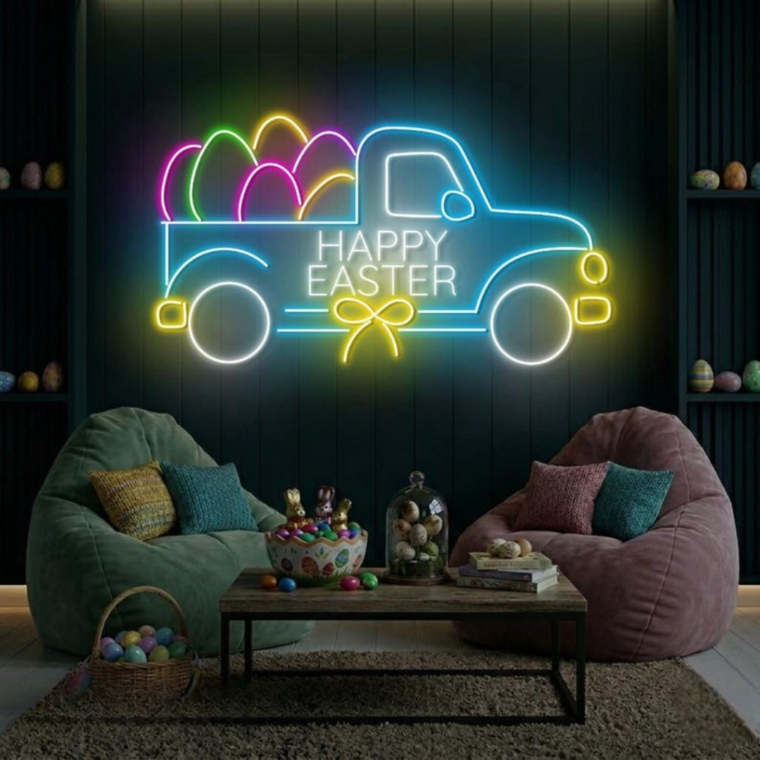Easter Egg Truck LED neon sign glowing on wall featuring a vintage truck carrying colorful Easter eggs for festive home or shop decor by Neon.Shop.