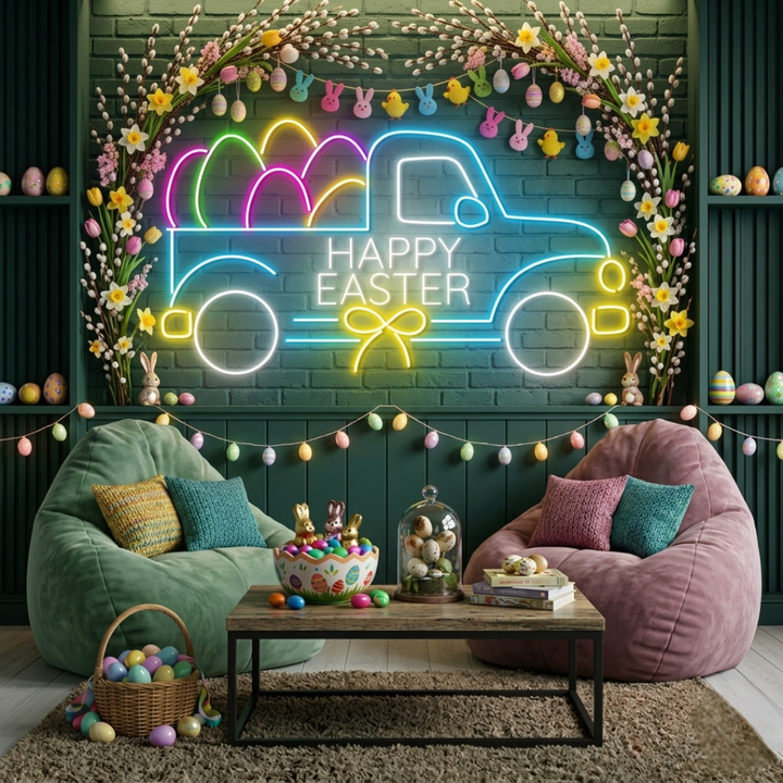 Easter Egg Truck LED neon sign glowing on wall featuring a vintage truck carrying colorful Easter eggs for festive home or shop decor by Neon.Shop.