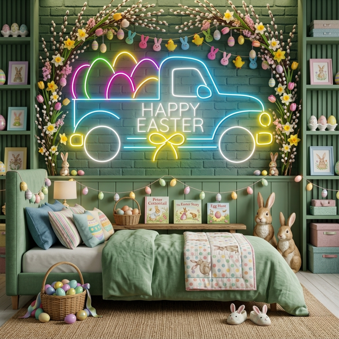 Easter Egg Truck LED neon sign glowing on wall featuring a vintage truck carrying colorful Easter eggs for festive home or shop decor by Neon.Shop.
