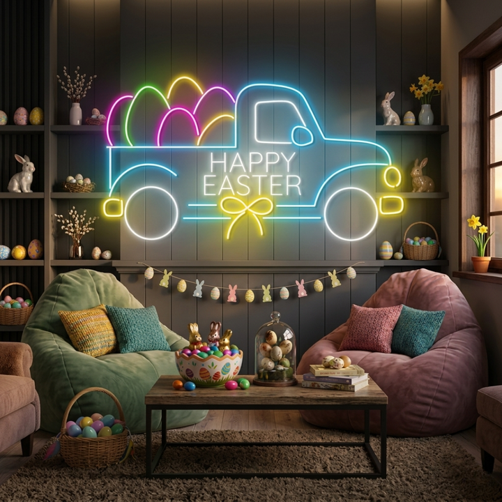 Easter Egg Truck LED neon sign glowing on wall featuring a vintage truck carrying colorful Easter eggs for festive home or shop decor by Neon.Shop.