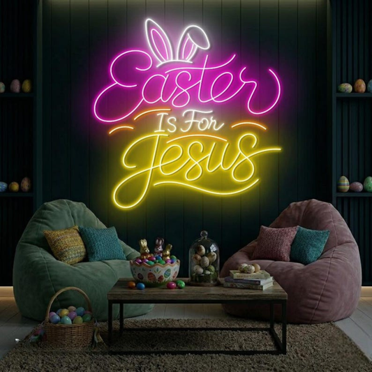 Easter Is For Jesus LED neon sign glowing on wall with inspirational Christian message for home, church, and Easter celebration decor by Neon.Shop.