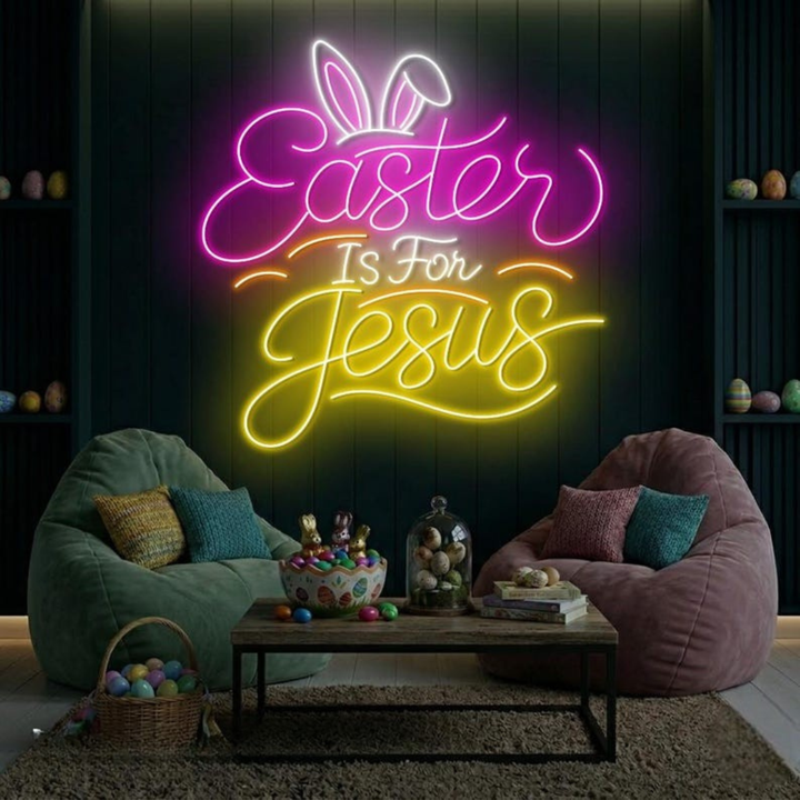Easter Is For Jesus LED neon sign glowing on wall with inspirational Christian message for home, church, and Easter celebration decor by Neon.Shop.