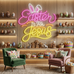 Easter Is For Jesus LED neon sign glowing on wall with inspirational Christian message for home, church, and Easter celebration decor by Neon.Shop.
