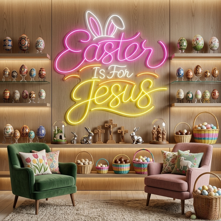 Easter Is For Jesus LED neon sign glowing on wall with inspirational Christian message for home, church, and Easter celebration decor by Neon.Shop.