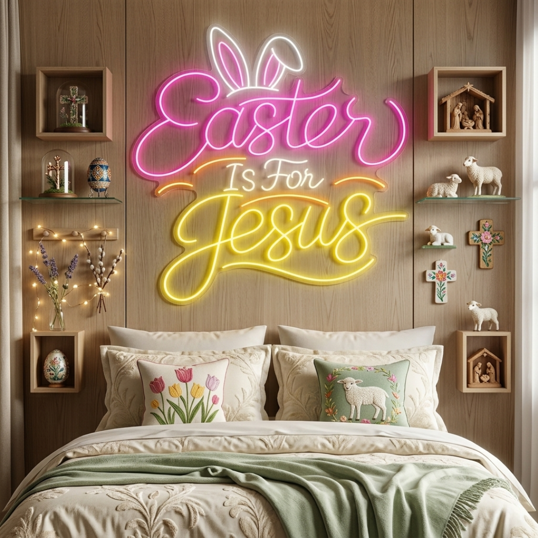 Easter Is For Jesus LED neon sign glowing on wall with inspirational Christian message for home, church, and Easter celebration decor by Neon.Shop.