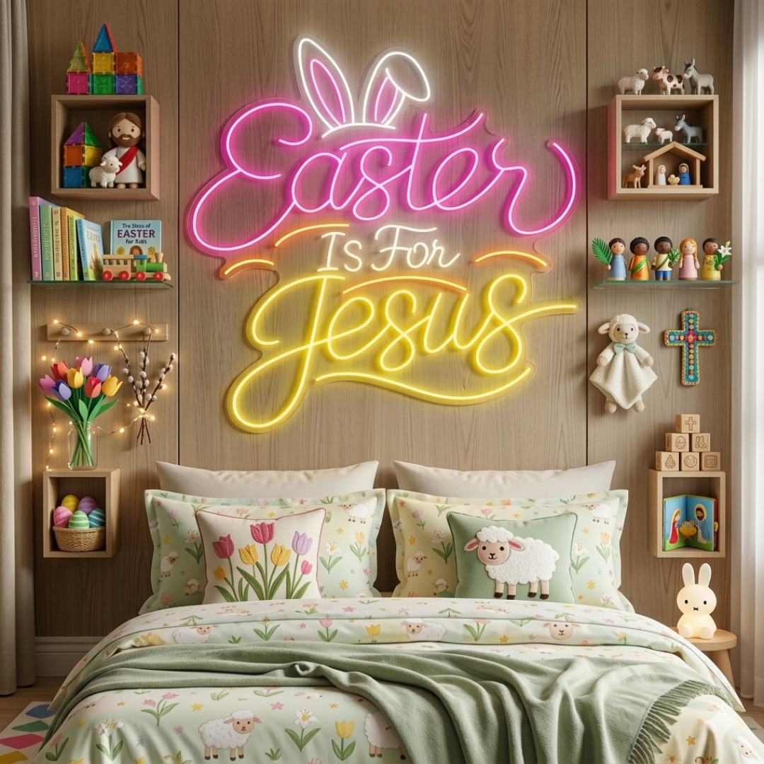 Easter Is For Jesus LED neon sign glowing on wall with inspirational Christian message for home, church, and Easter celebration decor by Neon.Shop.