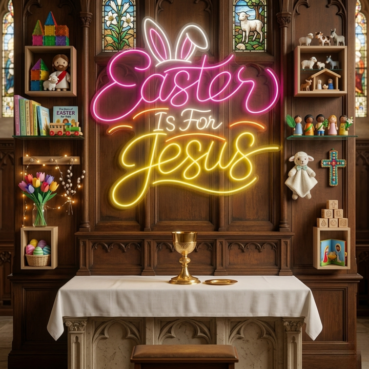 Easter Is For Jesus LED neon sign glowing on wall with inspirational Christian message for home, church, and Easter celebration decor by Neon.Shop.