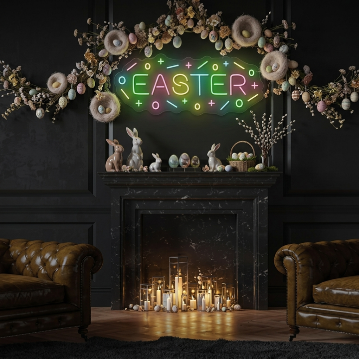Easter LED neon sign glowing on wall for home decor, Easter parties, and shop displays, featuring colorful holiday-inspired illumination by Neon.Shop.