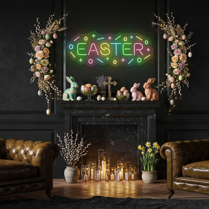 Easter LED neon sign glowing on wall for home decor, Easter parties, and shop displays, featuring colorful holiday-inspired illumination by Neon.Shop.