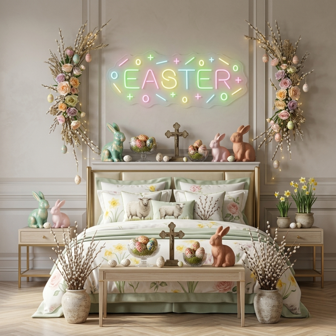 Easter LED neon sign glowing on wall for home decor, Easter parties, and shop displays, featuring colorful holiday-inspired illumination by Neon.Shop.