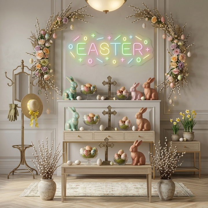 Easter LED neon sign glowing on wall for home decor, Easter parties, and shop displays, featuring colorful holiday-inspired illumination by Neon.Shop.