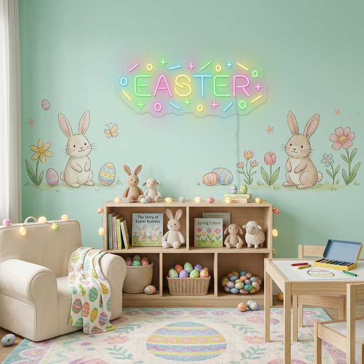 Easter LED neon sign glowing on wall for home decor, Easter parties, and shop displays, featuring colorful holiday-inspired illumination by Neon.Shop.