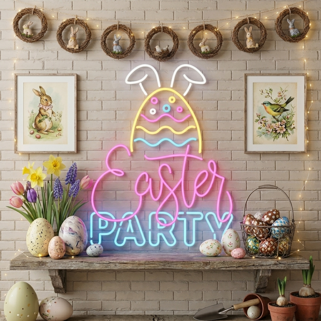 Easter Party LED Neon Sign glowing colorful festive Easter decoration by Neon.shop