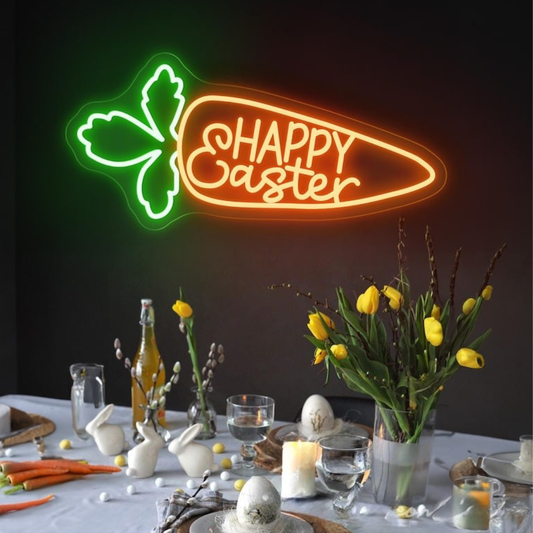 Easter Rabbit Carrot LED Neon Sign glowing wall decor by Neon.Shop