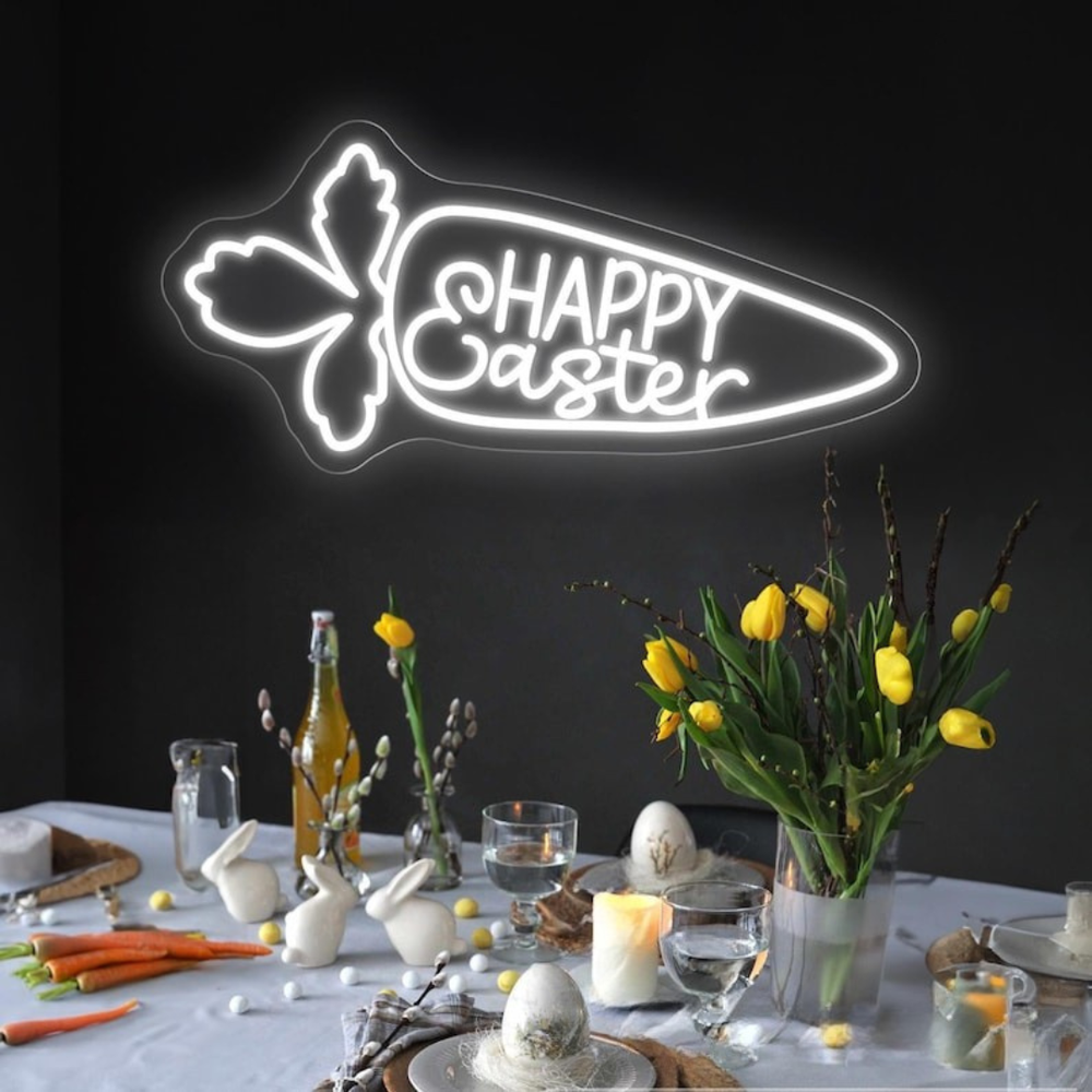 Easter Rabbit Carrot LED Neon Sign glowing wall decor by Neon.Shop