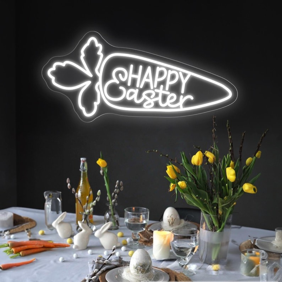 Easter Rabbit Carrot LED Neon Sign glowing wall decor by Neon.Shop