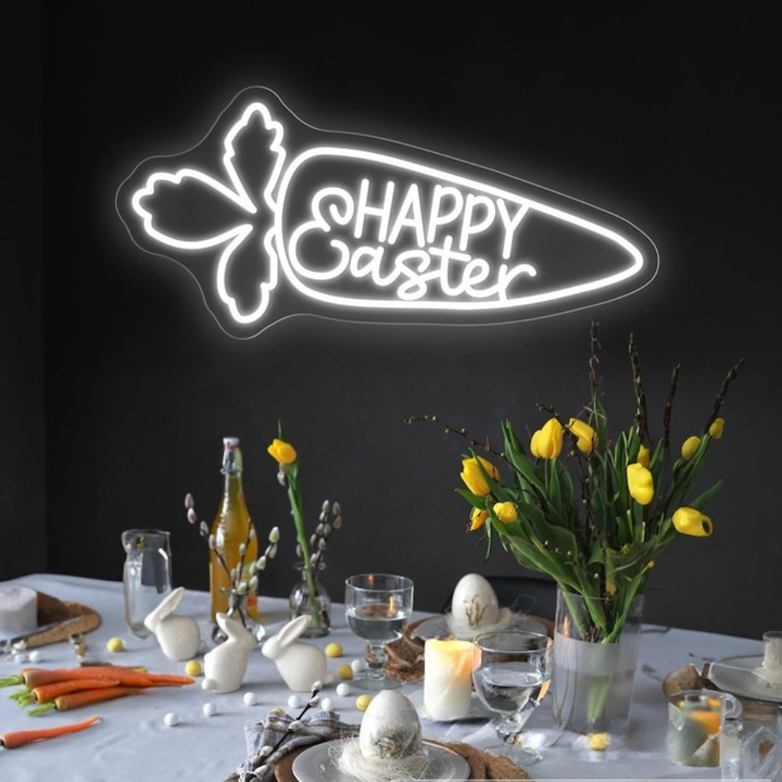 Easter Rabbit Carrot LED Neon Sign glowing wall decor by Neon.Shop