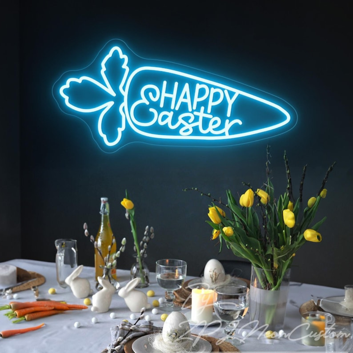 Easter Rabbit Carrot LED Neon Sign glowing wall decor by Neon.Shop