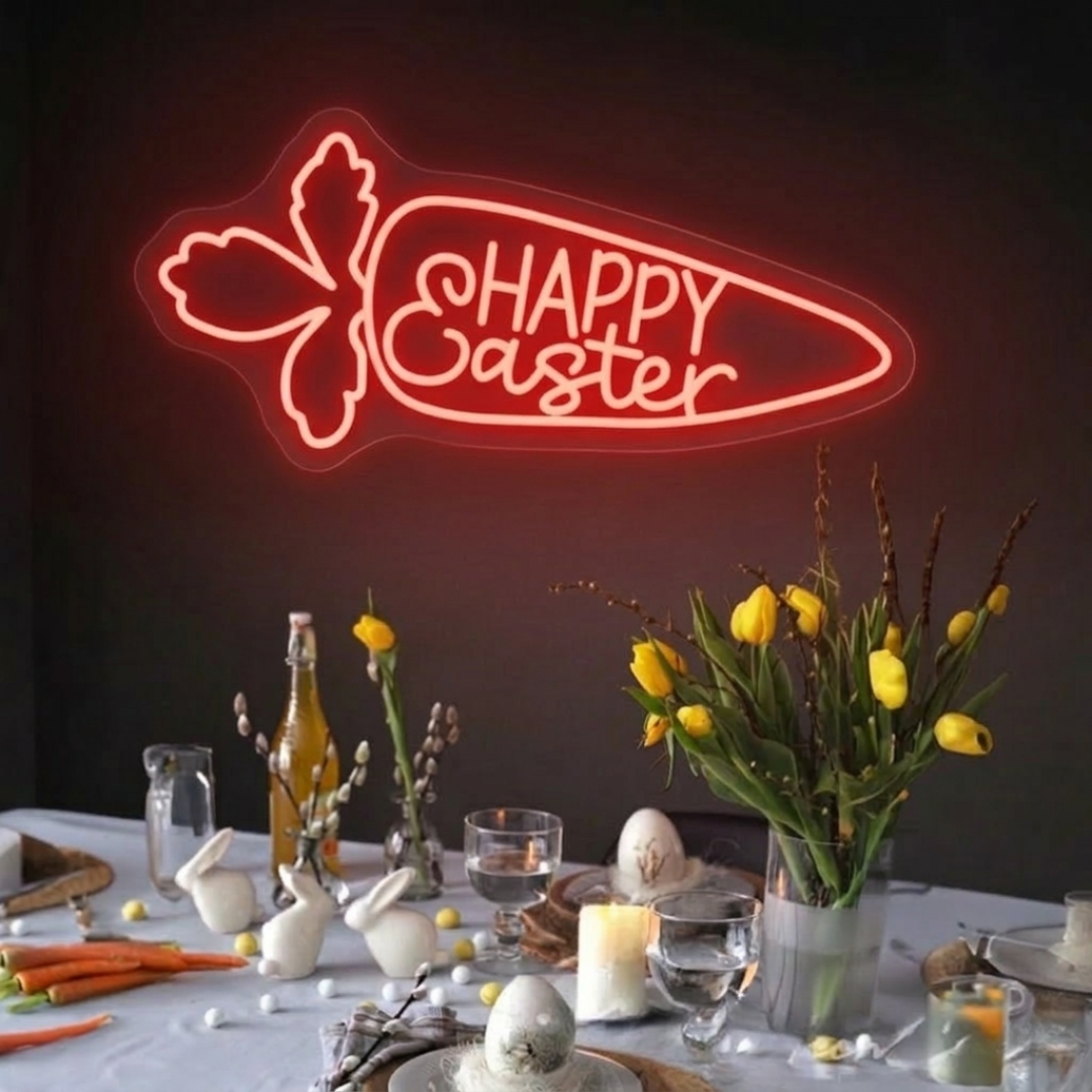 Easter Rabbit Carrot LED Neon Sign glowing wall decor by Neon.Shop