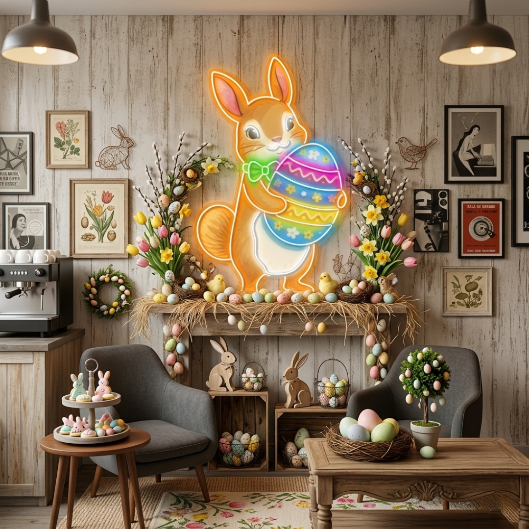 Easter Squirrel Neon Sign glowing LED wall decor by Neon.Shop