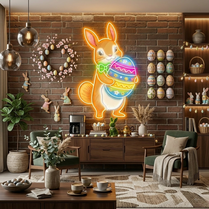 Easter Squirrel Neon Sign glowing LED wall decor by Neon.Shop
