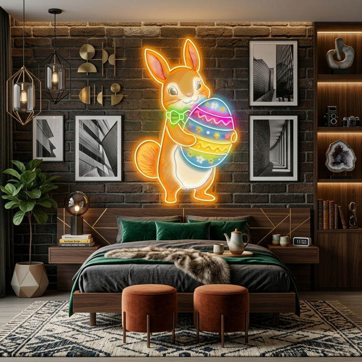 Easter Squirrel Neon Sign glowing LED wall decor by Neon.Shop