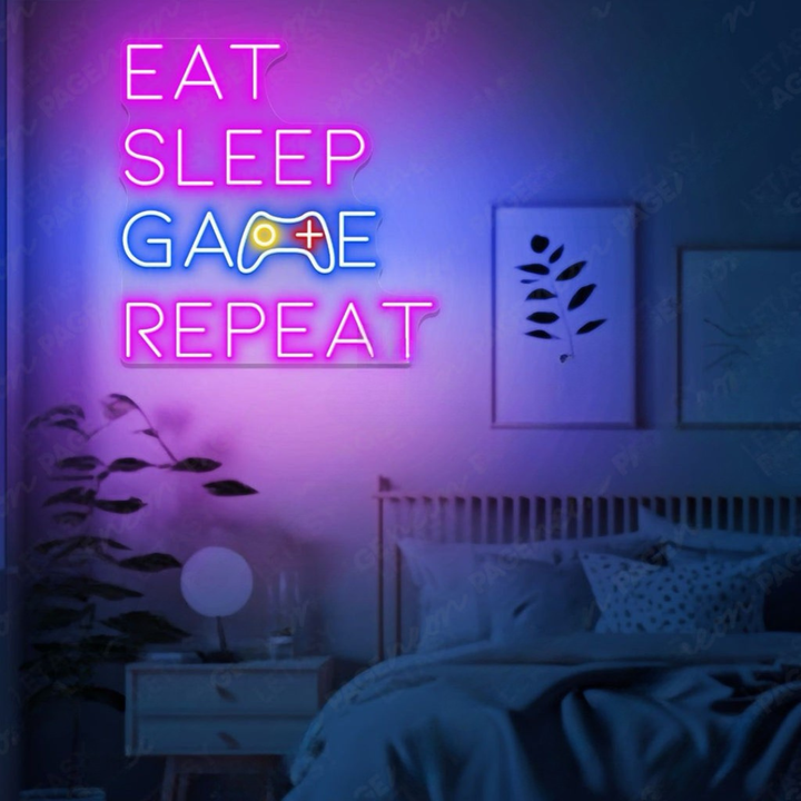 Eat Sleep Game Repeat LED neon sign by Neon.Shop glowing in a gaming room as bold gamer neon décor