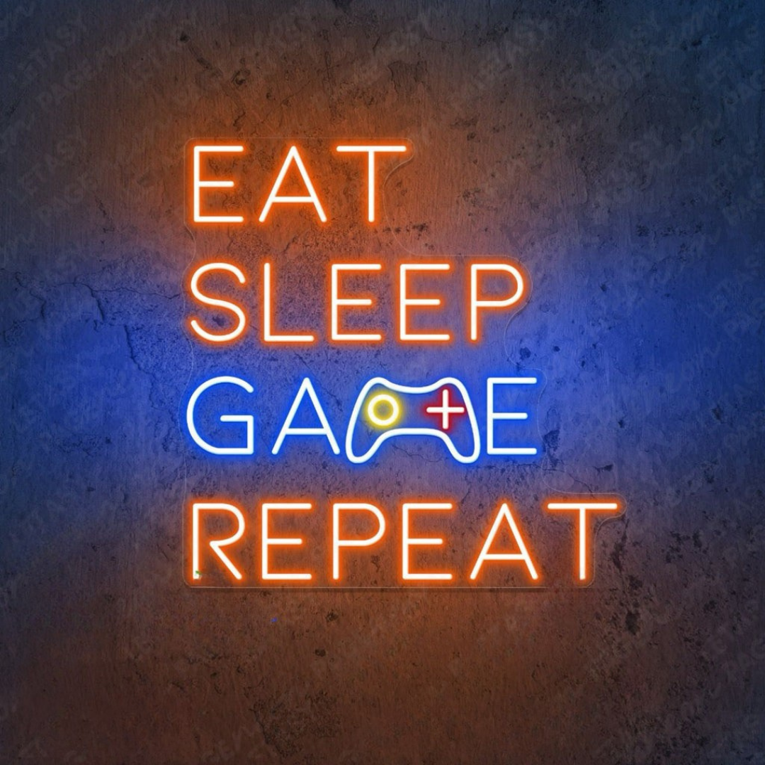 Eat Sleep Game Repeat LED neon sign by Neon.Shop glowing in a gaming room as bold gamer neon décor